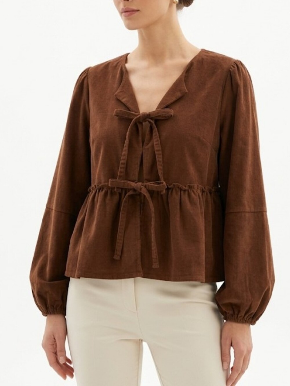 Velvet Heart Chocolate Brown Tie-Front Peasant Blouse